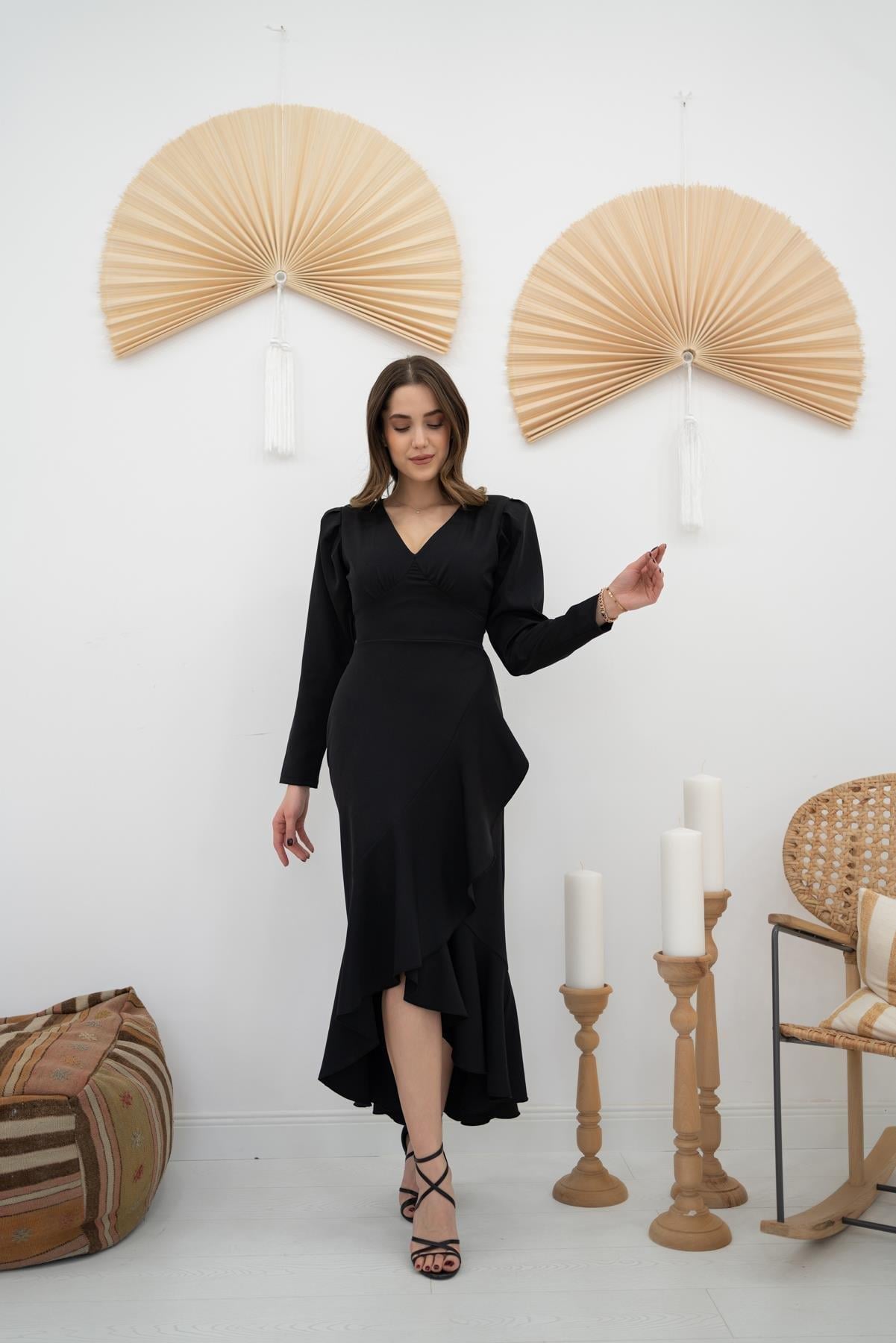 Volanlı Atlas Elbise