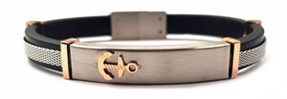 ​​Welch Mens Steel Anchor Leather Bracelet