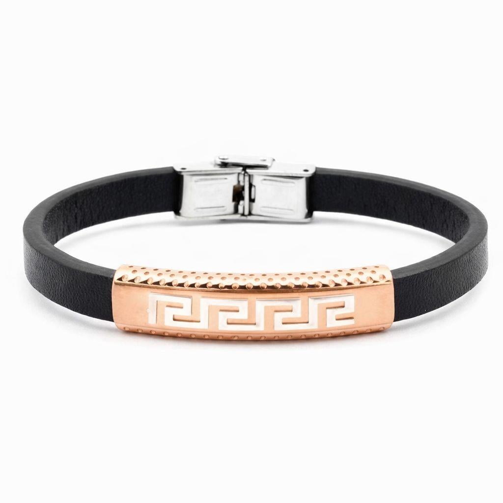 Welch Rose Meander Shaped Mens Steel Leather Bracelet