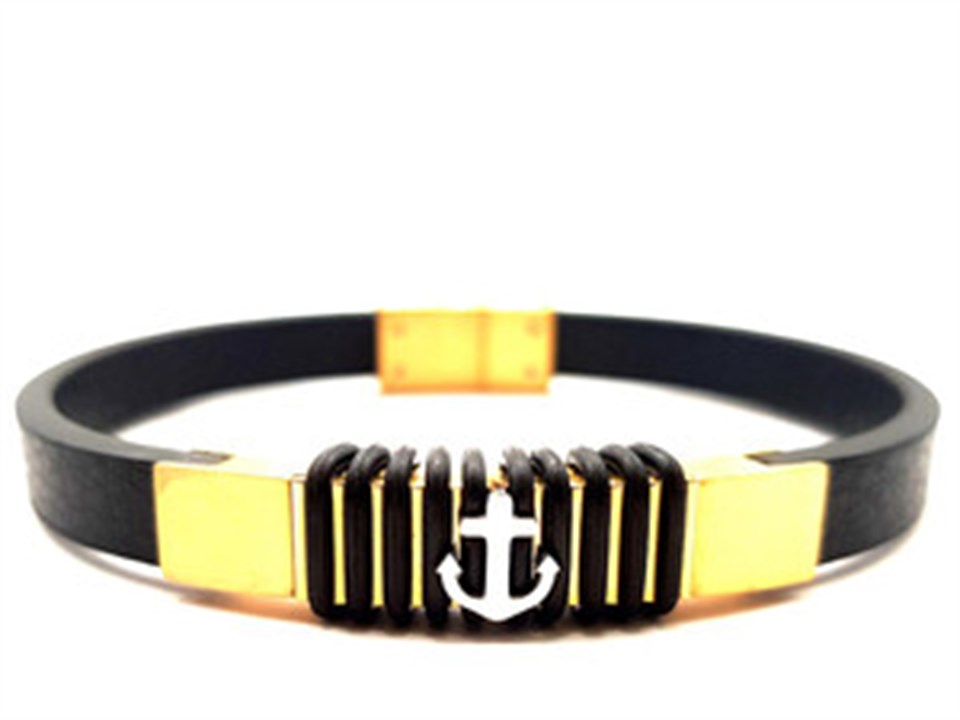 ​​​​​Welch Mens Steel Black Leather Anchor Bracelet