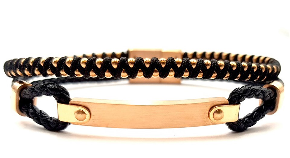 ​​​​Welch Mens Rose Steel Bead Leather Bracelet