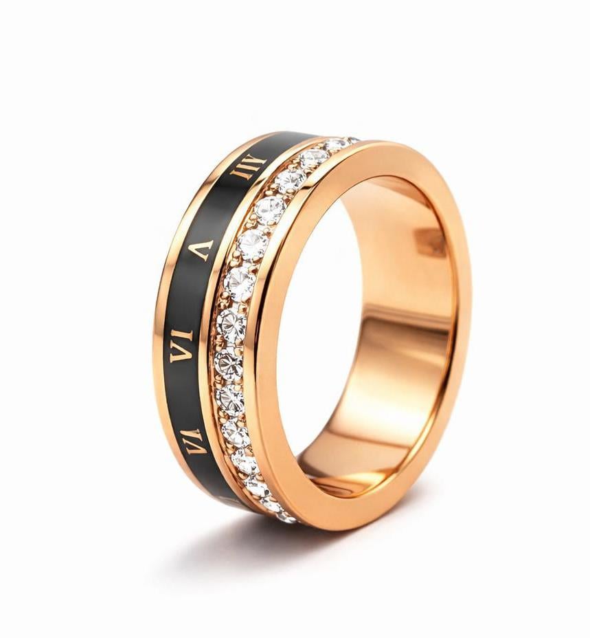 ​​Welch Çelik Baget Taşlı Roma Rakamlı Yüzük Çelik Kadın Kolye, Bileklik, Küpe , Yüzük, Halhal  ve Piercing Modelleri- WELCH 