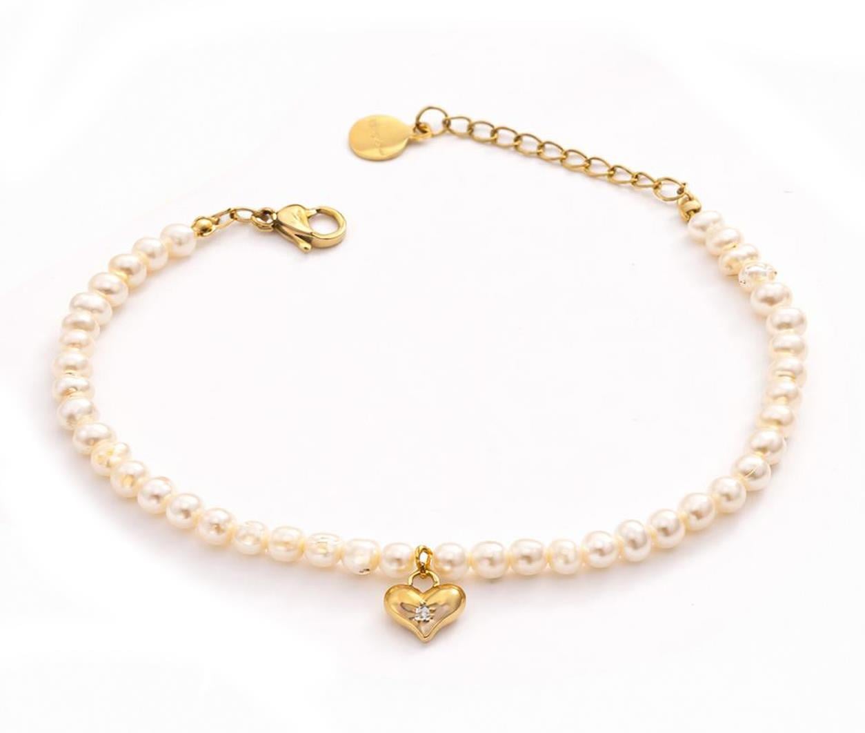 ​​​​Welch Gold Çelik Taşlı Kalpli İnci Bileklik Çelik Kadın Kolye, Bileklik, Küpe , Yüzük, Halhal  ve Piercing Modelleri- WELCH 