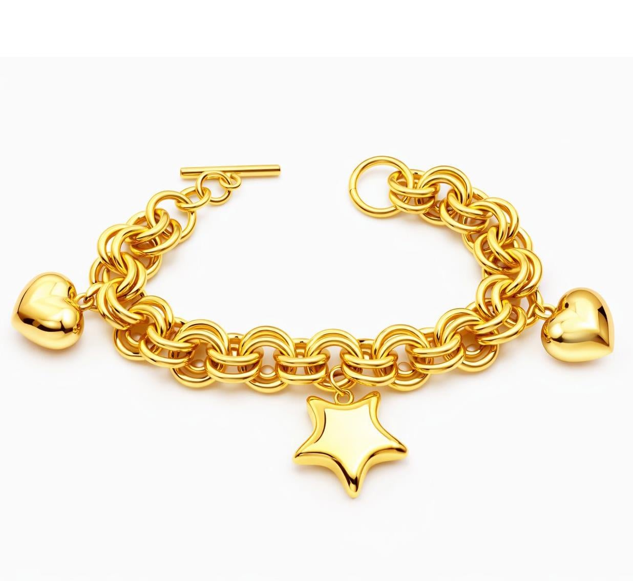 Welch Gold Çelik Yıldızlı Kalpli Charm Bileklik Çelik Kadın Kolye, Bileklik, Küpe , Yüzük, Halhal  ve Piercing Modelleri- WELCH 