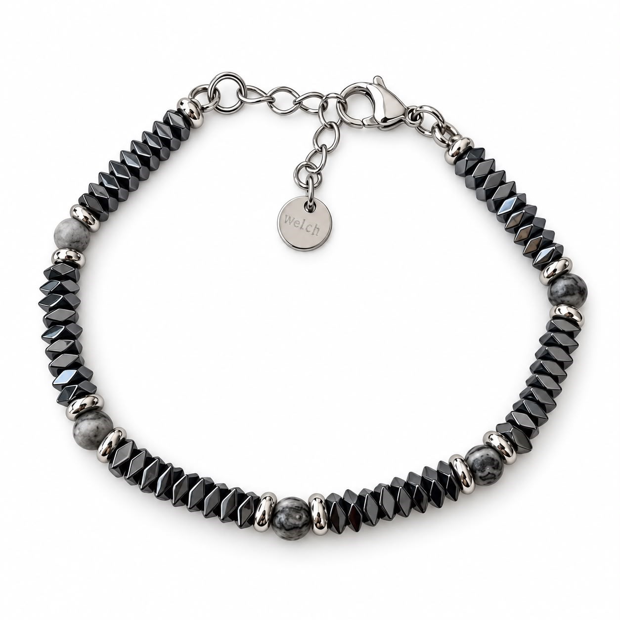 Welch Agate Hematite Black Çelik Doğal Taş Bileklik Siyah Hematit ve Agat Doğal Taş Erkek Bileklik ve Çelik Deri Bileklik Modelleri - WELCH 