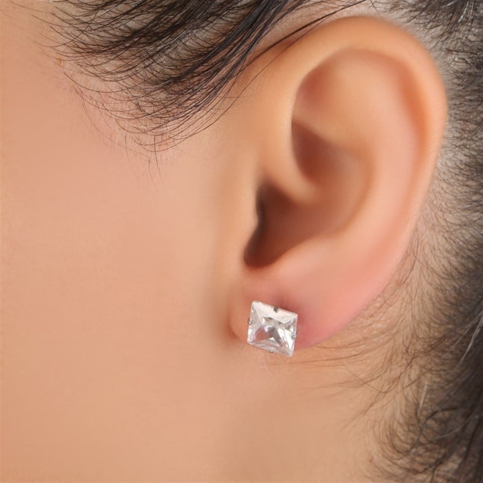 Welch Steel Square Stone Earrings