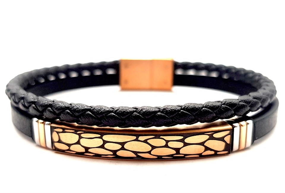 ​​​​​Welch Mens Steel Black Leather Bracelet