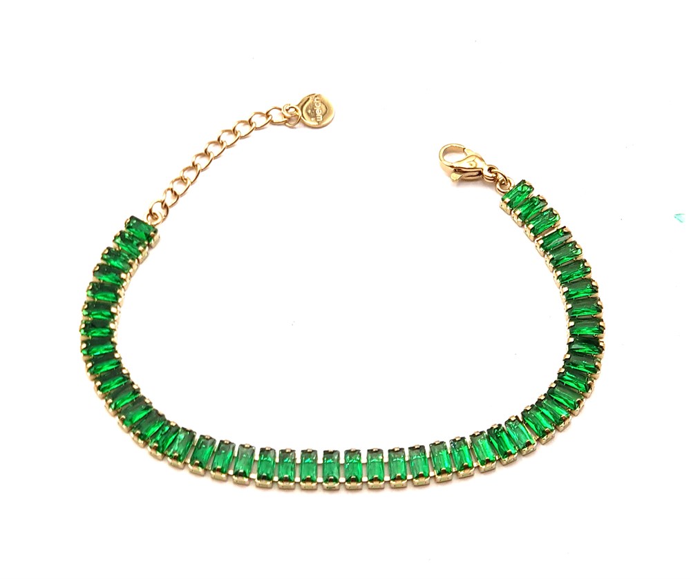 Welch Gold Steel Green Baguette Stone Bracelet