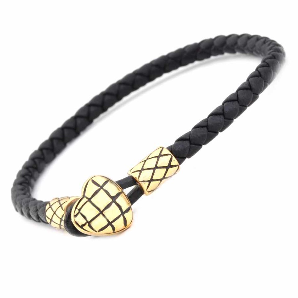 Welch Gold Heart Detailed Mens Steel Leather Bracelet