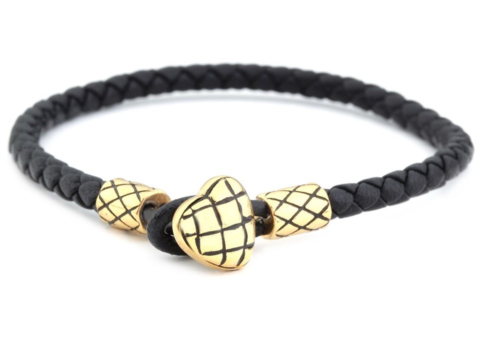 Welch Gold Heart Detailed Mens Steel Leather Bracelet