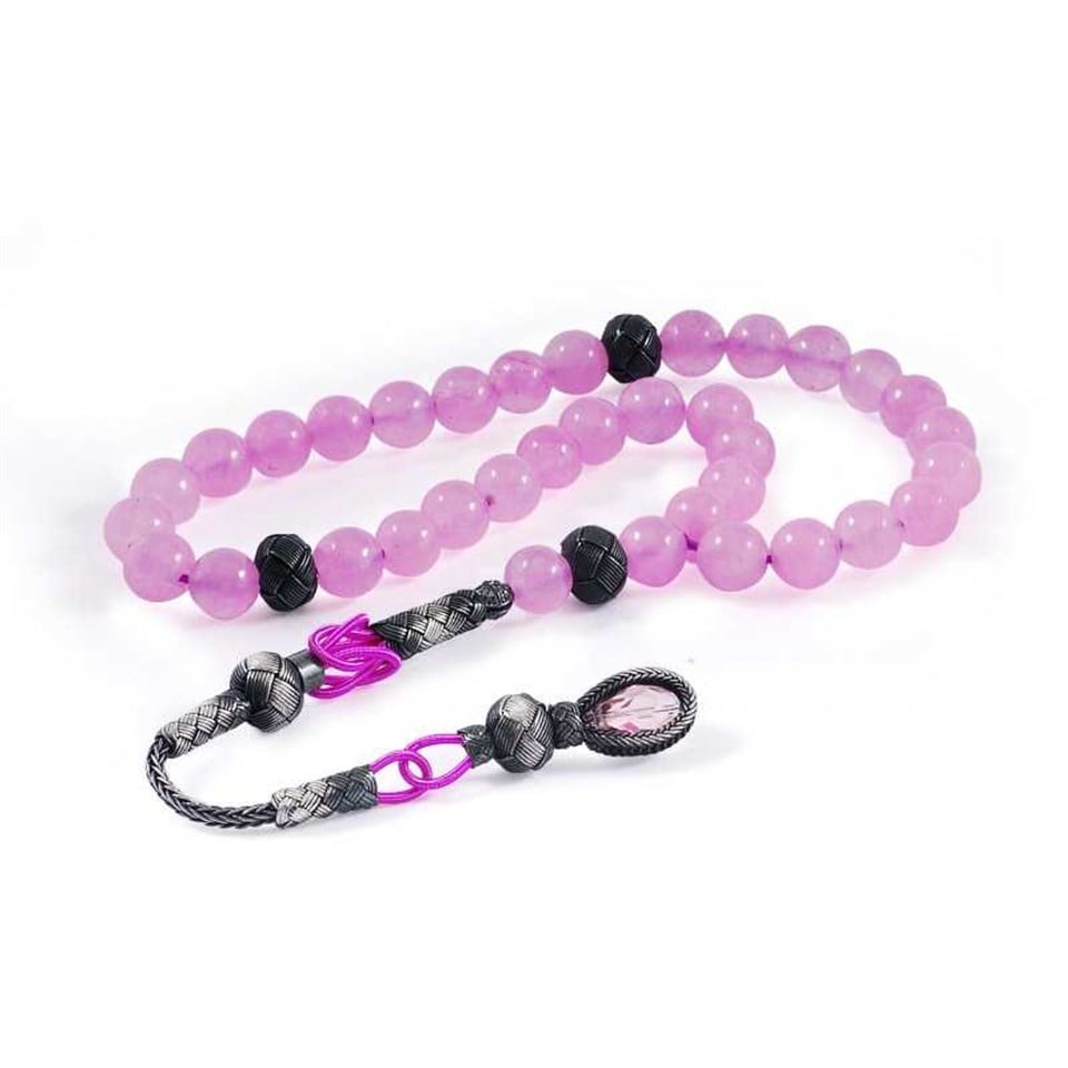 Welch Gümüş 1000 ayar Trabzon Elişi Kazaziye Püsküllü Pembe kuvars doğaltaş Tesbih