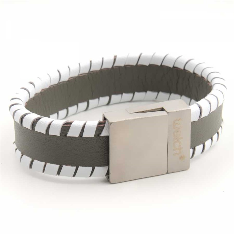 Welch Black and White Mens Steel Leather Bracelet