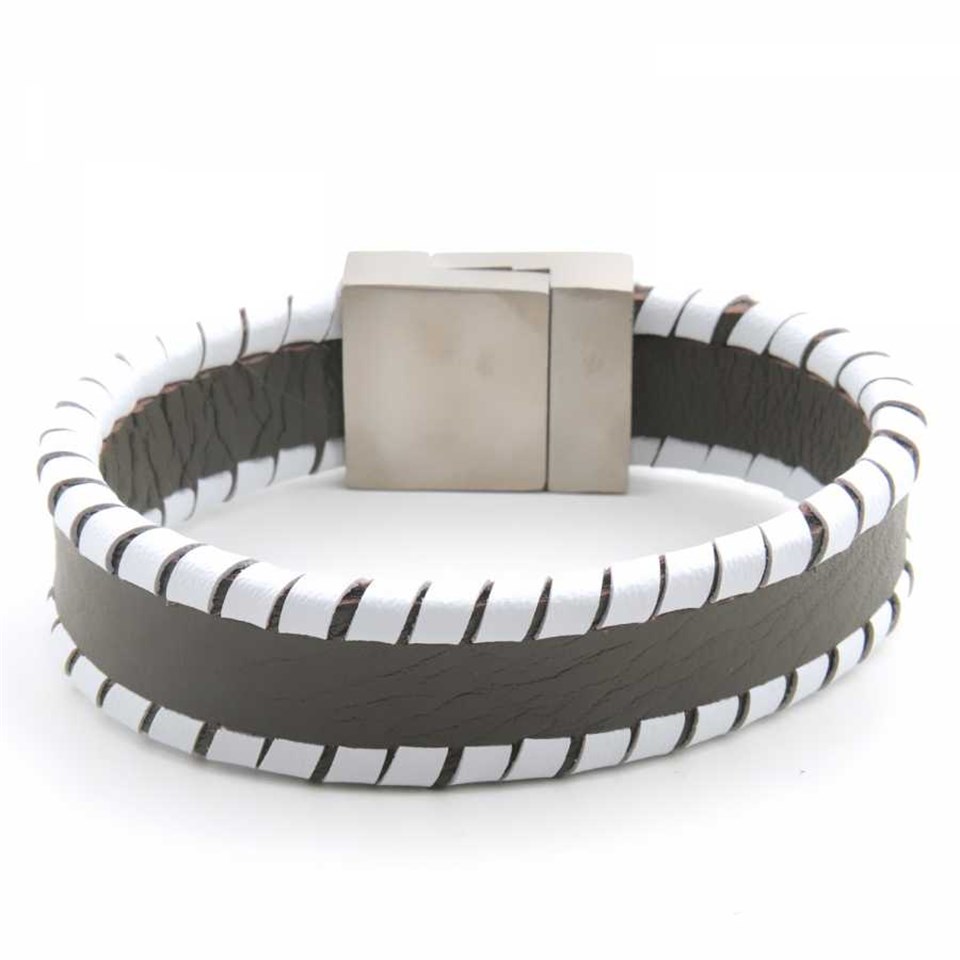 Welch Black and White Mens Steel Leather Bracelet