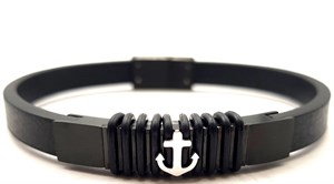 ​​​​​Welch Mens Steel Black Leather Anchor Bracelet