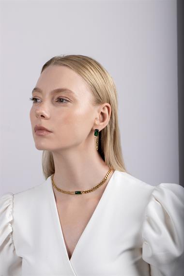 ​​​​​​​​Welch Gold Steel Chain Square Stone Earrings