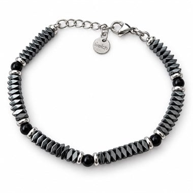Welch Agate Hematite Black Çelik Doğal Taş Bileklik Siyah Hematit ve Agat Doğal Taş Erkek Bileklik ve Çelik Deri Bileklik Modelleri - WELCH 