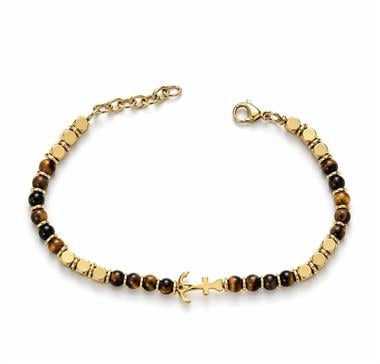 Welch Gold Çapa Figürlü Kaplan Gözü Taşlı Erkek Bileklik Welch Çapa Detaylı Kaplan Gözü Doğal Taş Gold Erkek Bileklik - WELCH 