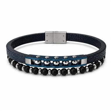 Welch Çelik Boncuklu Çoklu Mavi Deri Erkek Bileklik  Welch Çelik Boncuklu Çoklu Mavi Deri Erkek Bileklik Modelleri - WELCH 