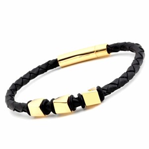 Welch Gold Steel Detailed Mens Steel Leather Bracelet