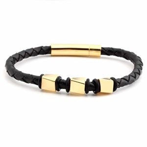 Welch Gold Steel Detailed Mens Steel Leather Bracelet