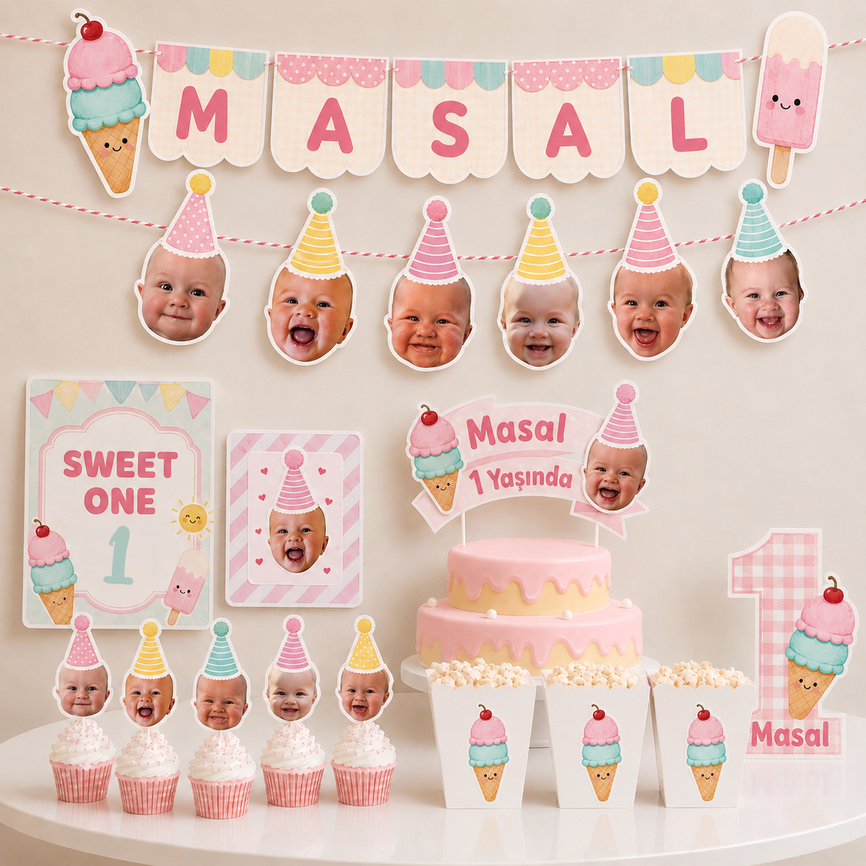 Dondurma Sweet One Doğum Günü Fotoğraflı Parti Kiti
