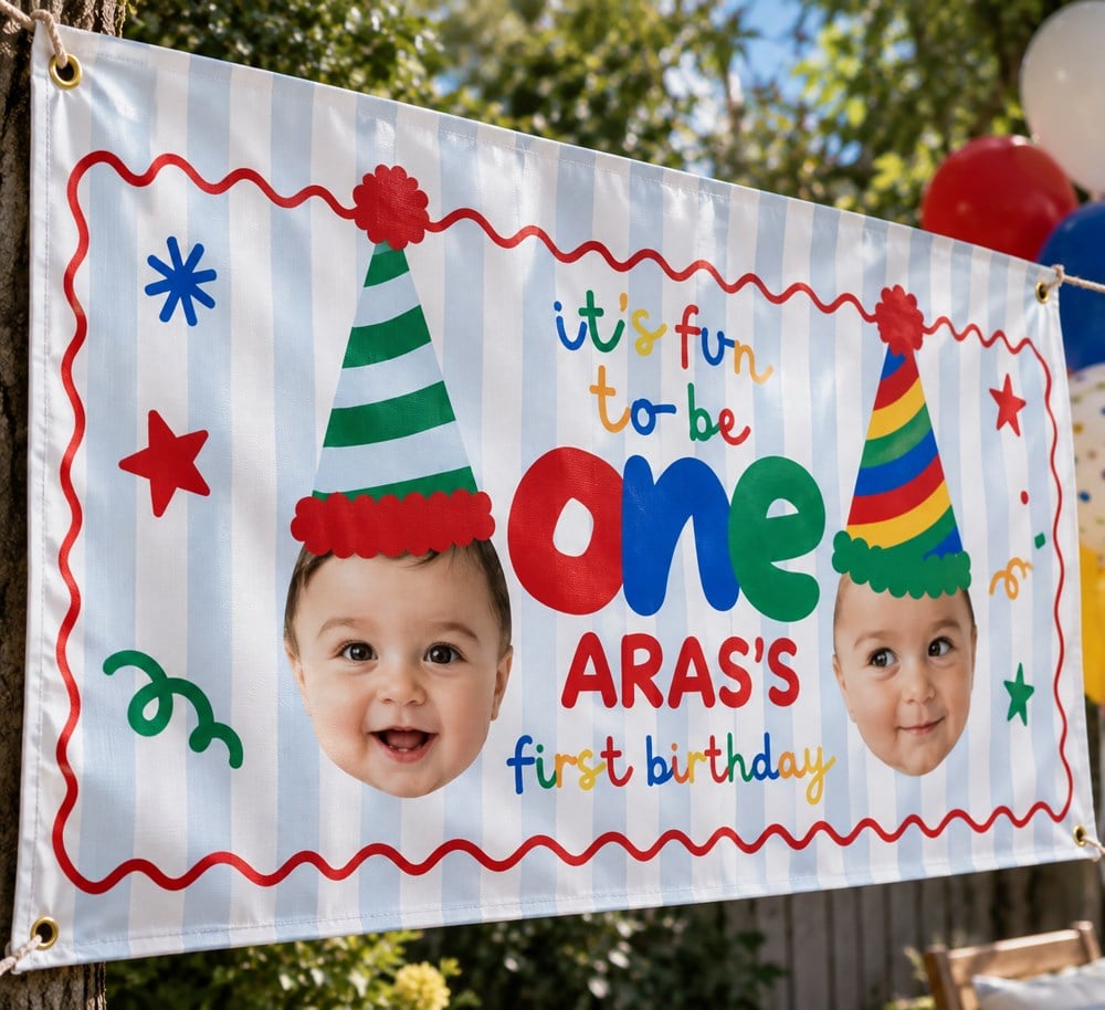 Parti Şapkası Fotoğraflı Kutlama Afişi – Kişiye Özel Vinil Branda