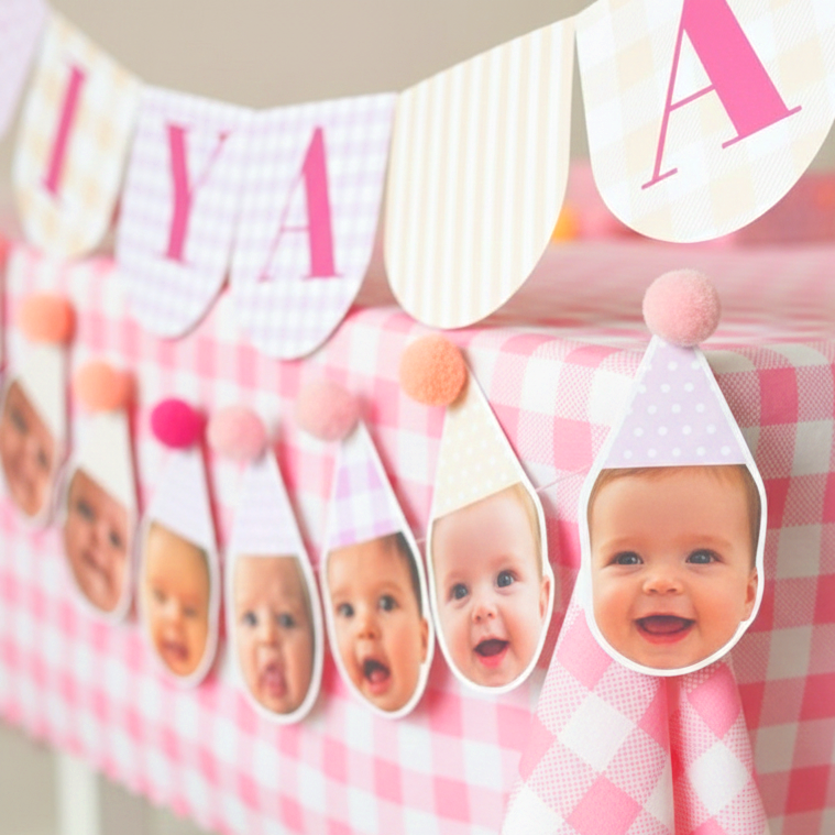 12 Aylık Pembe Pötikare Fotoğraflı Flama Banner