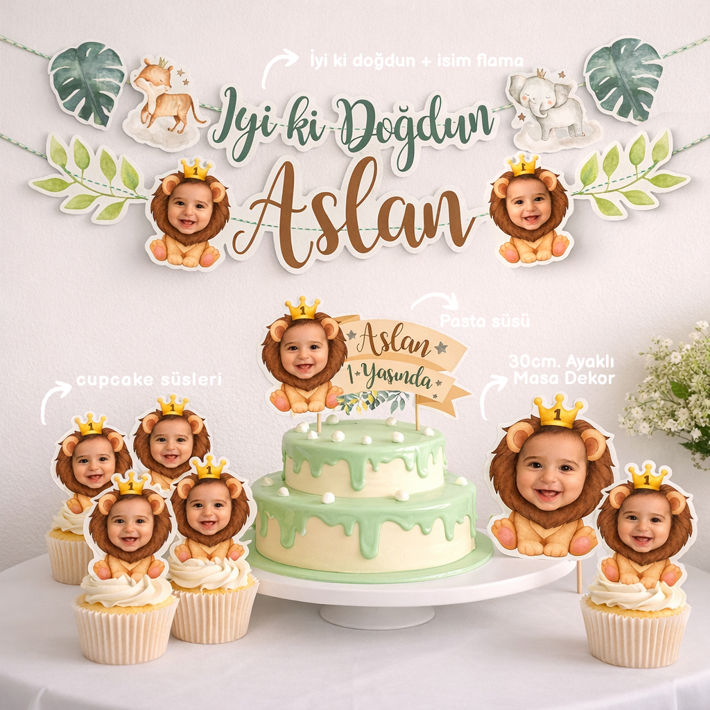 Aslan Temalı Kişiye Özel Fotoğraflı Mini Parti Kiti