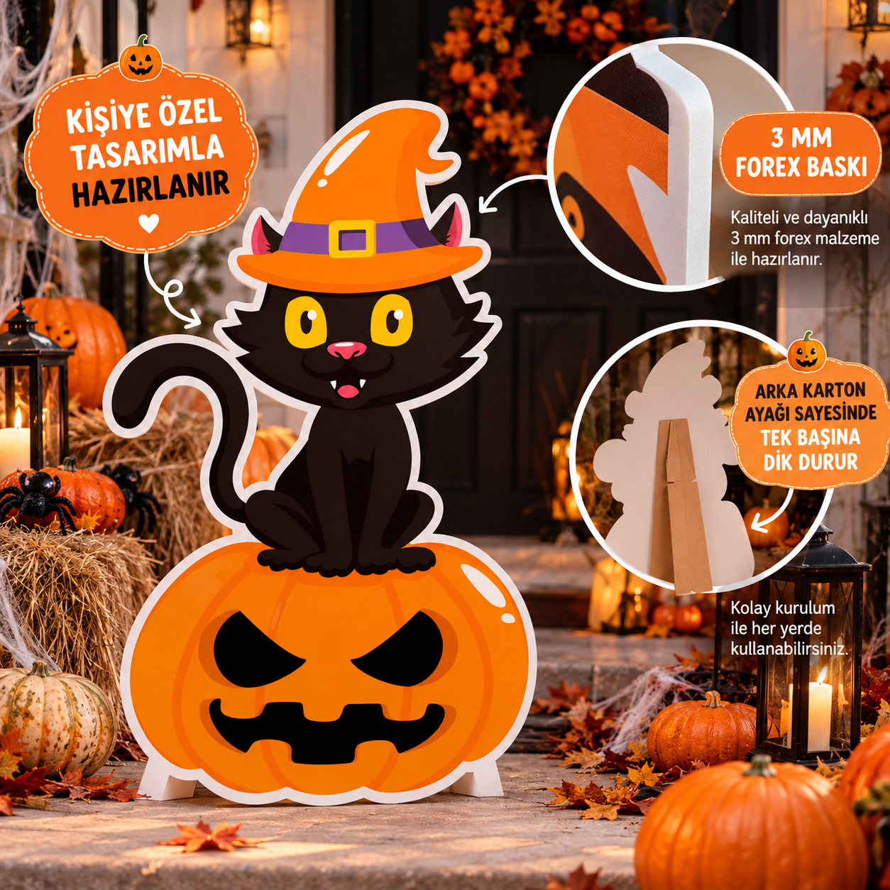Halloween Kara Kedi ve Balkabağı Dekoratif Süsü – Cadılar Bayramı Ayaklı Maket