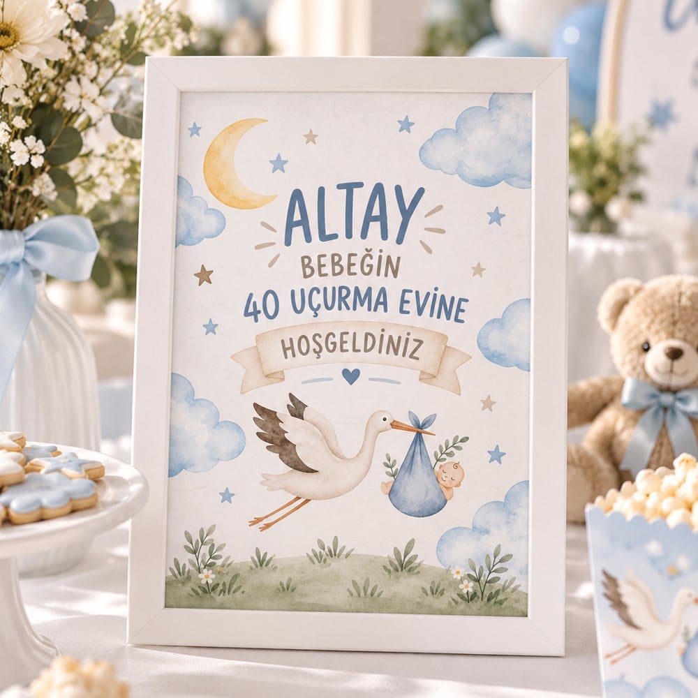 Kişiye Özel Baby Shower Leylek Çerçeve | İsimli 40 Uçurma Bebek Dekoru