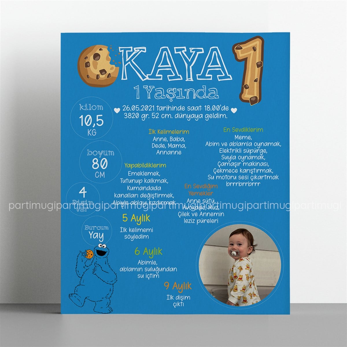 Kurabiye Canavarı Temalı Mavi  Anı Gelişim Panosu