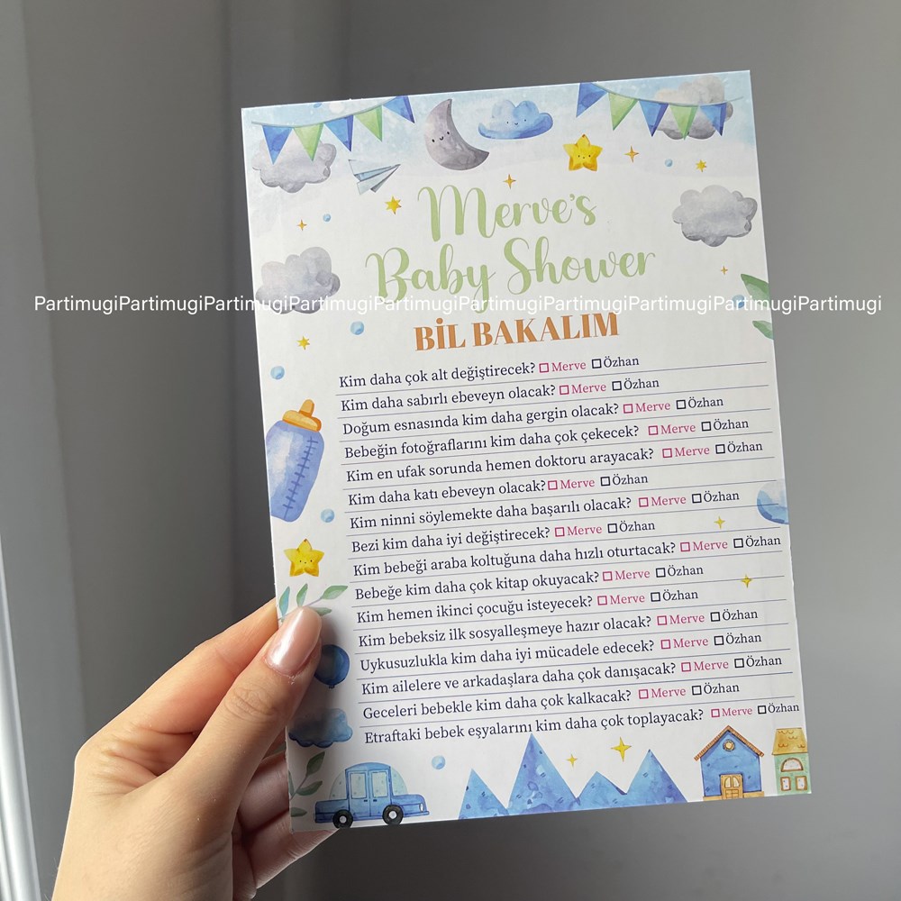 Mavi Baby Shower “Bil Bakalım” Oyunu Kartı – Baby Shower Parti Oyunu