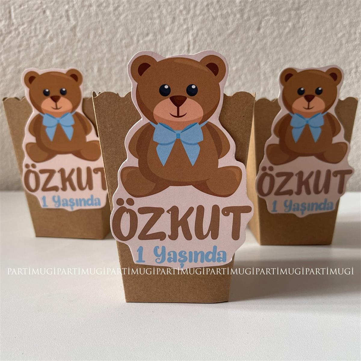 Mavi Kurdeleli Ayıcık Temalı İsimli Popcorn Kutusu