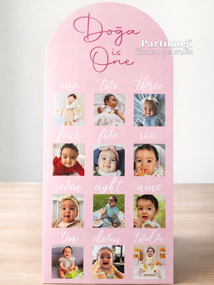 Pembe 1 Yaş Doğum Günü 12 Ay Fotoğraf Panosu
