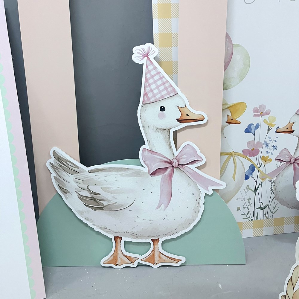 Pembe Kurdeleli Kaz Ördek Silly Goose Ayaklı Maket