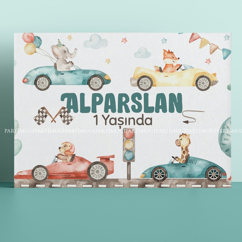 Yarış Arabalı Hayvanlar Temalı Renkli Afiş Branda