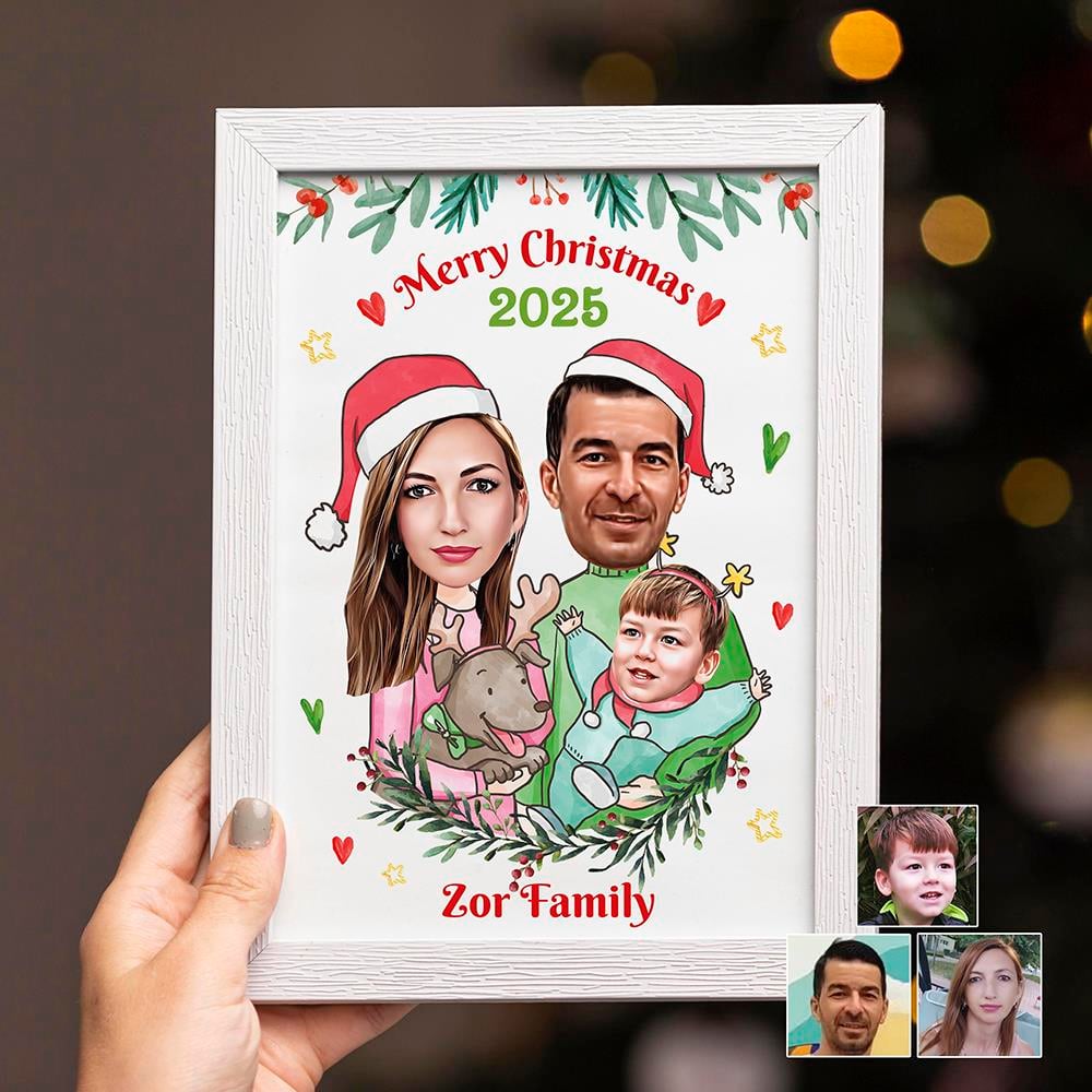 Yılbaşı Özel Tasarım Karikatür Aile Fotoğraf Çerçevesi Beyaz