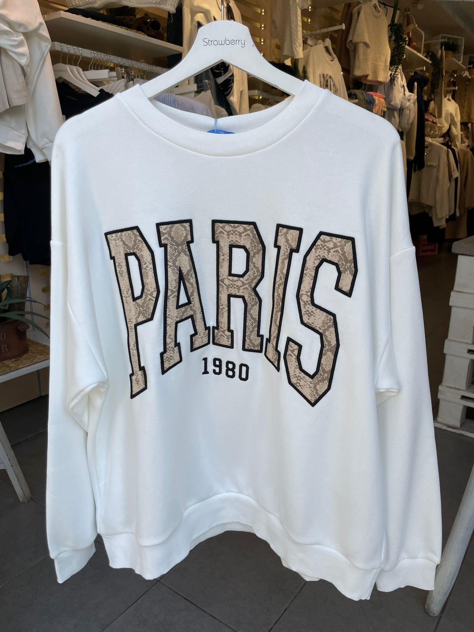 Paris Yazı Baskılı Ekru Sweatshirt