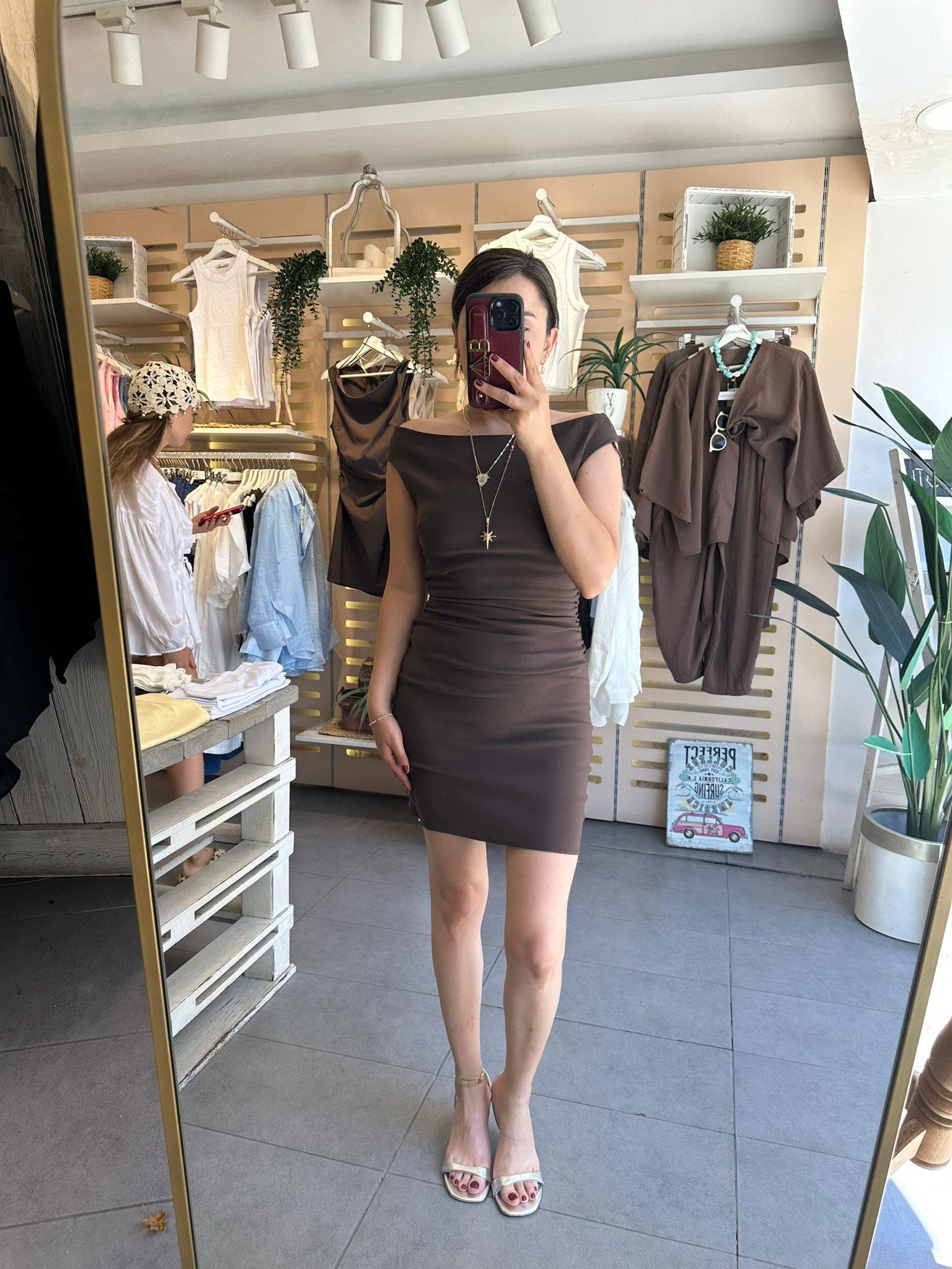 91462 Kahve Bardot Mini Elbise