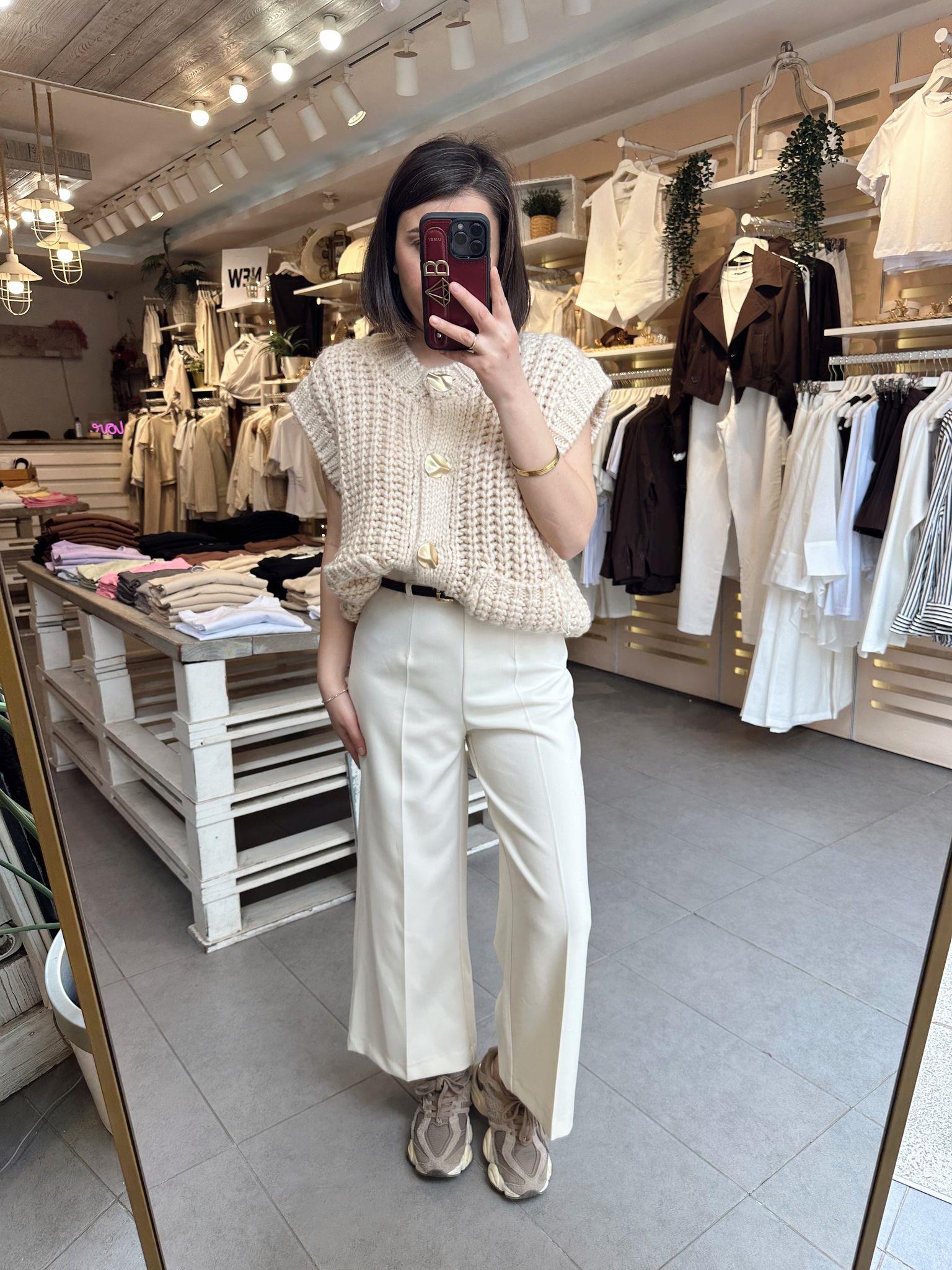 71616 Dlv Beyaz Beli Kemerli Culotte Pantolon