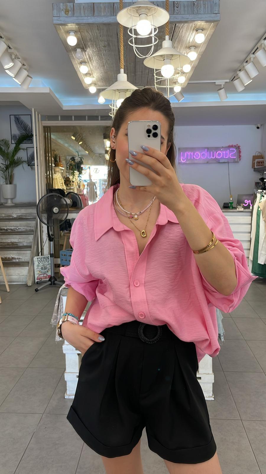 Pembe Tansel Kumaş Oversize Gömlek  