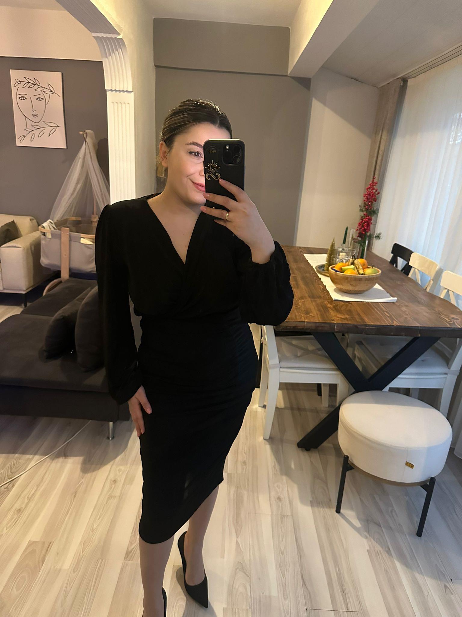 Drape Detaylı Buzzy Kumaş Elbise