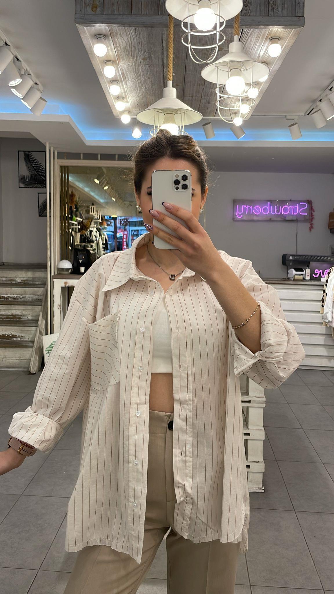 Oversize Tensel Kumaş Çizgili Gömlek 