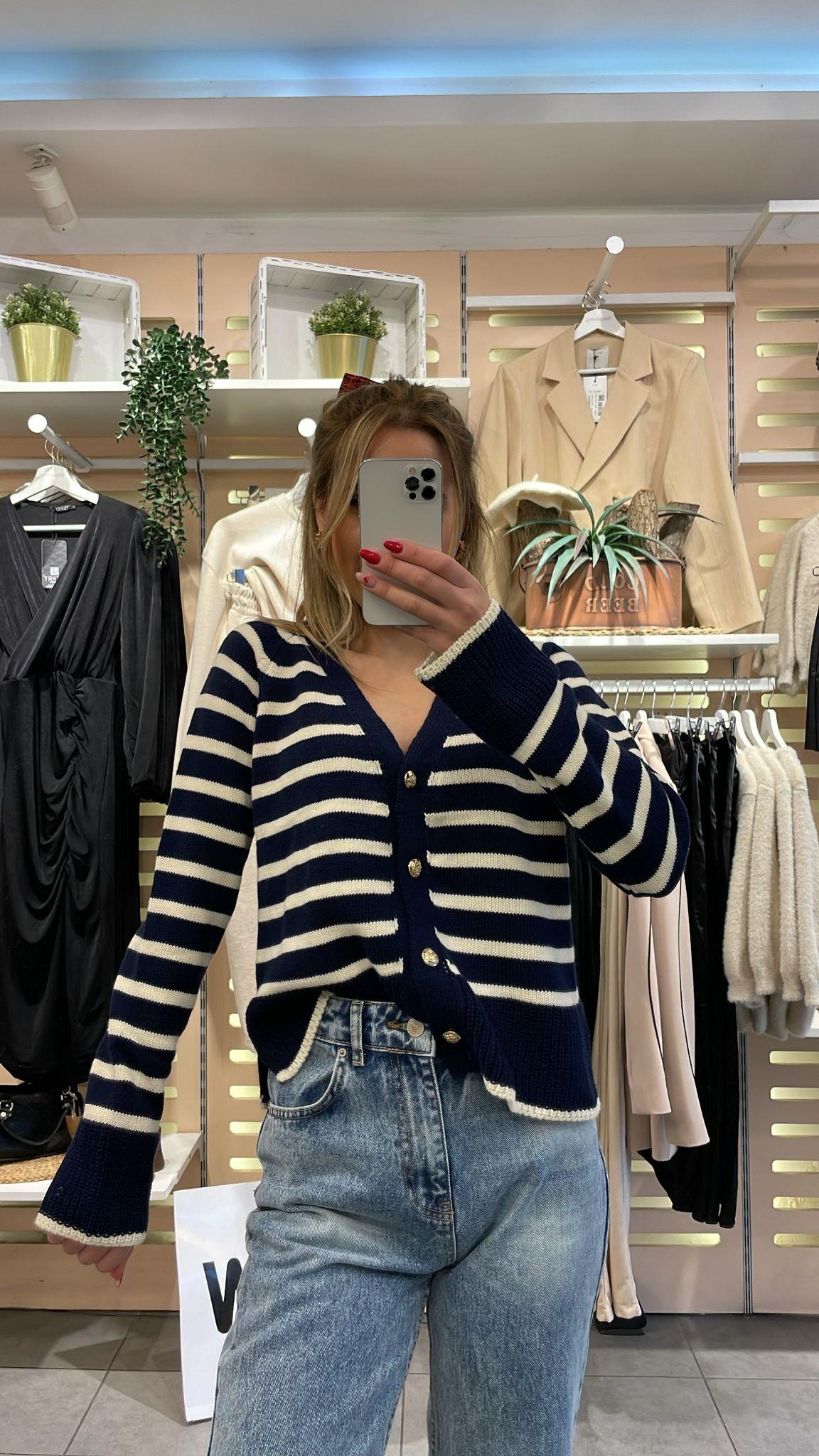 Lacivert Beyaz Çizgili Gold Düğmeli