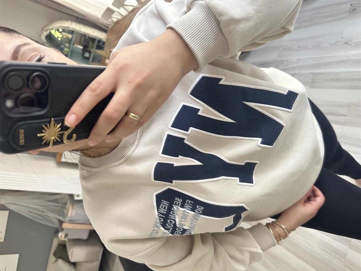 Baskılı Bej Sweatshirt | StrawberryWear