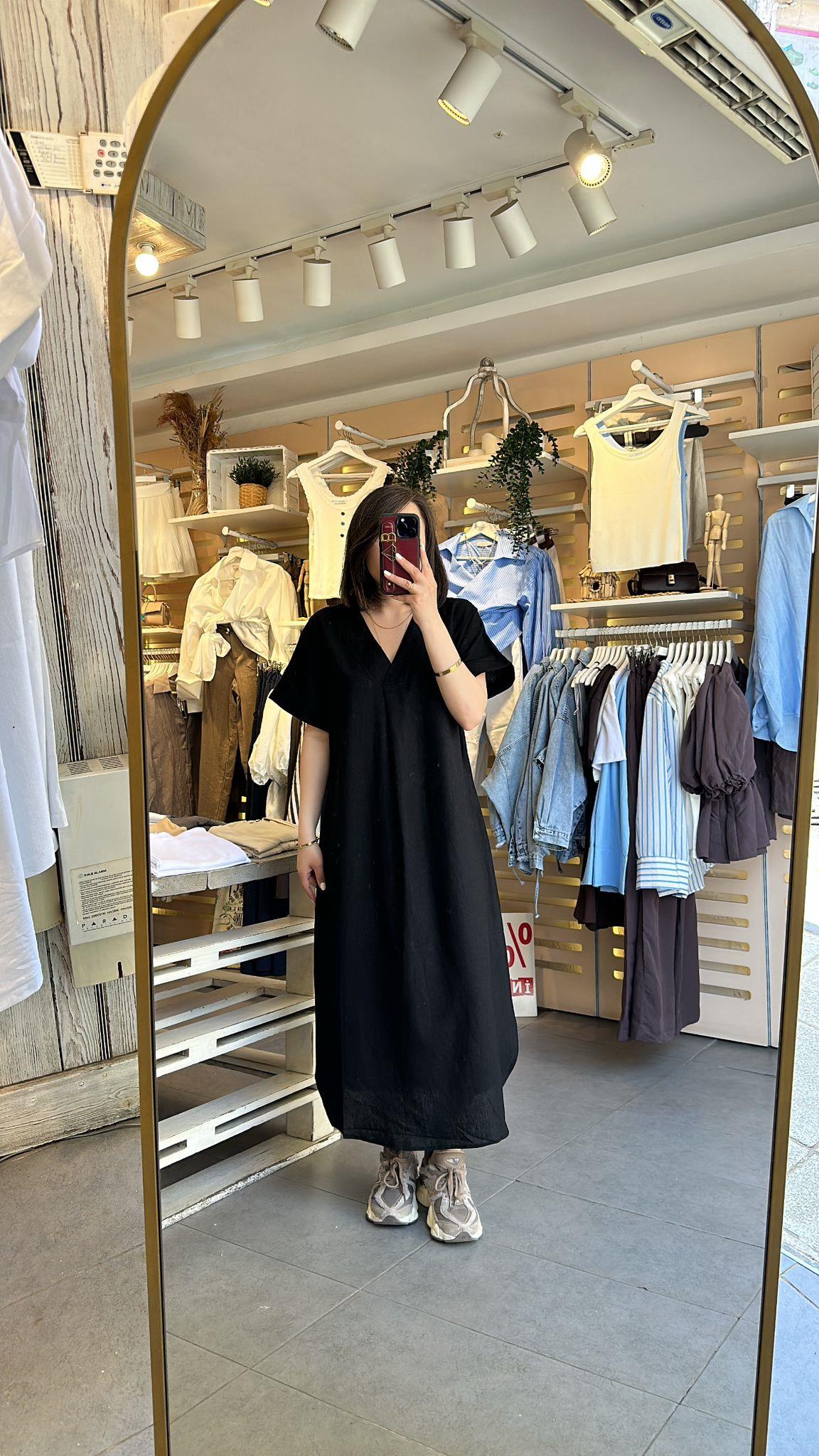 Siyah Keten Maxi Elbise