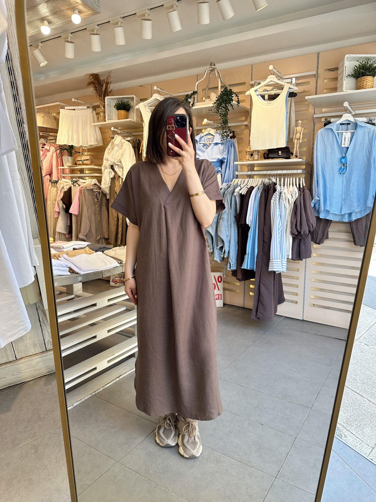 Kahve Keten Maxi Elbise