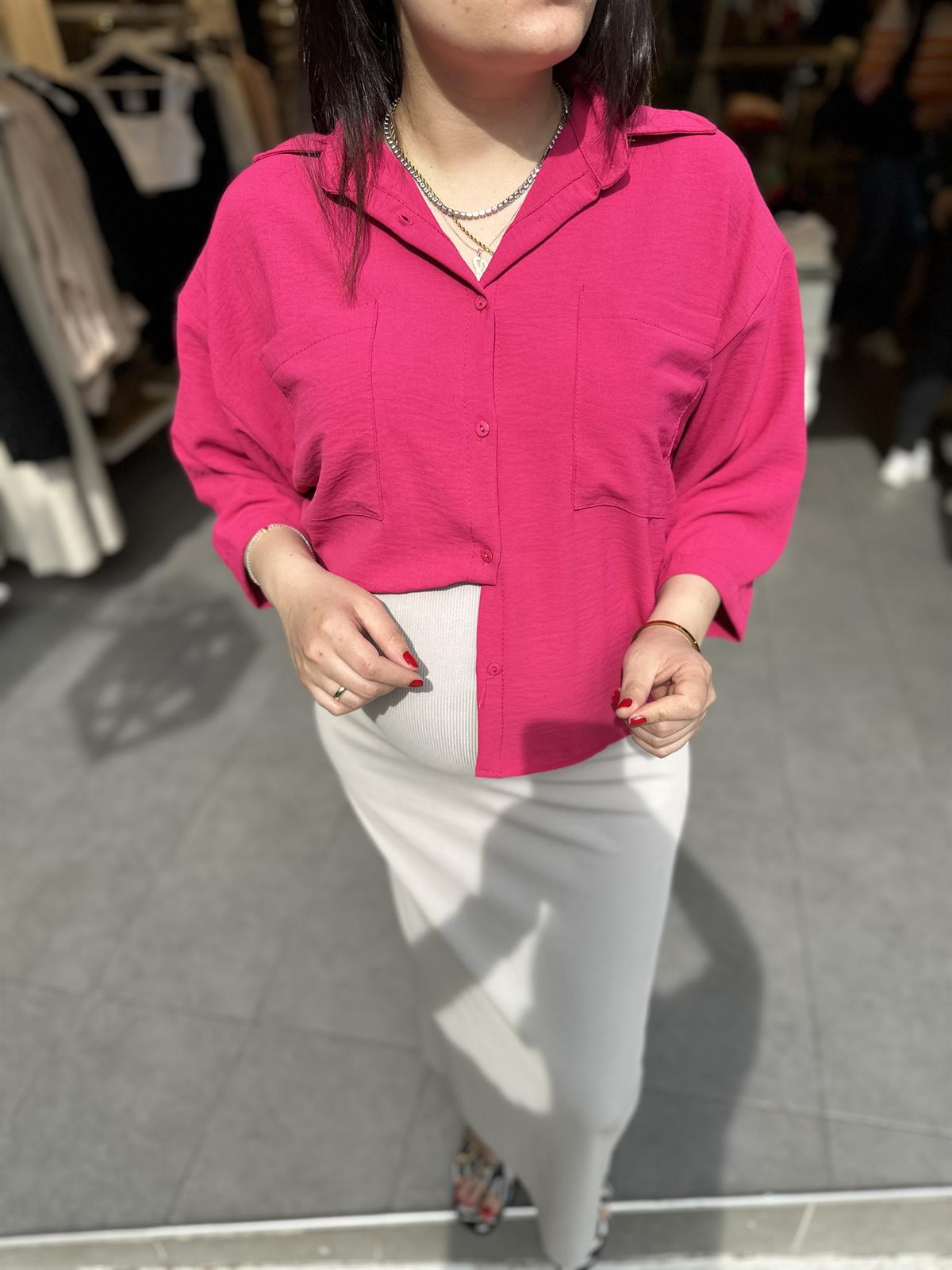 Fuşya Düşük Kol Gömlek | StrawberryWear