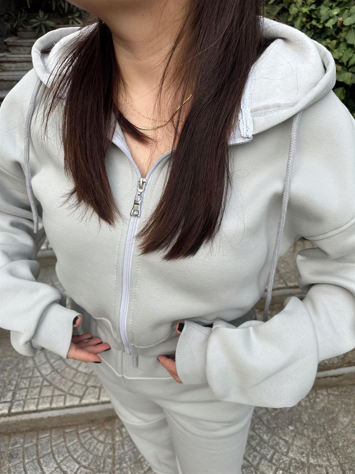 Gri Crop Kapşonlu Hırka | StrawberryWear
