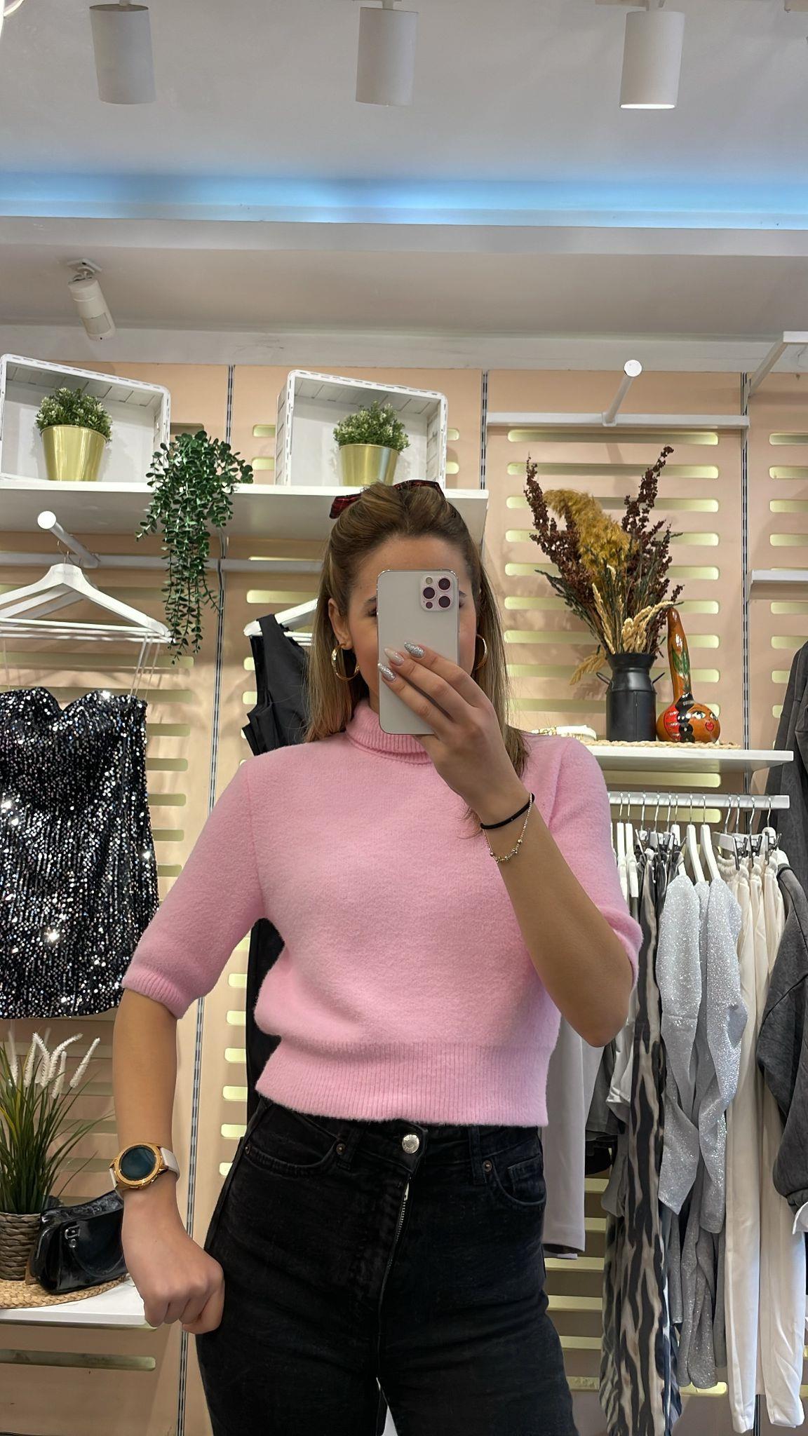 Pembe Boğazlı Peluş Kazak 